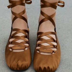 ZARA Lace Up Ballet Flats Ochre Brown Satin Effect